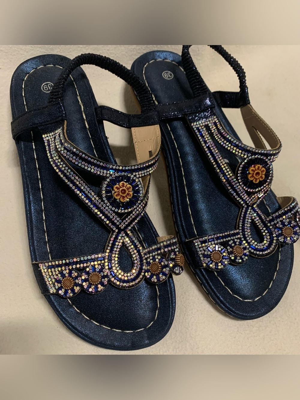 Blue Boho Beaded Sandals T Strap Womens Sz 8-8.5 Comfort Glam Bling Flat Slip On